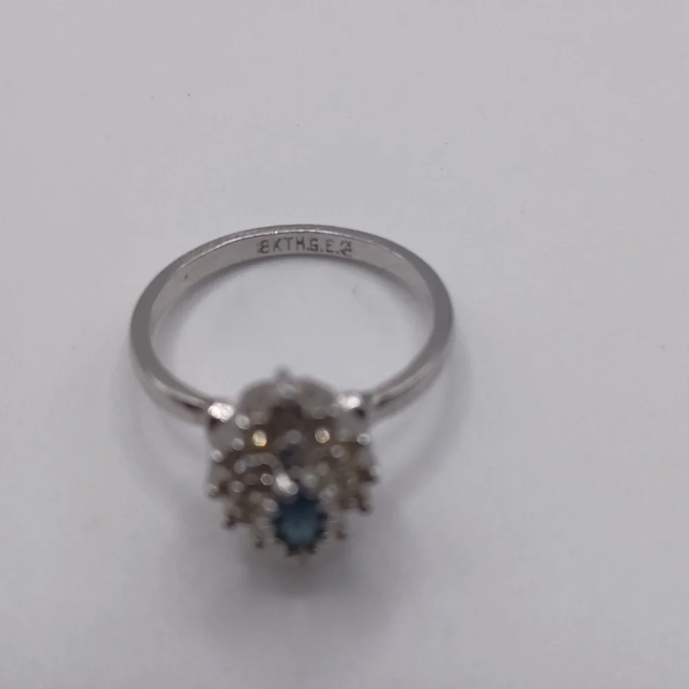 18K GE Faux Sapphire and Clear Rhinestone Ring Sz 8.75